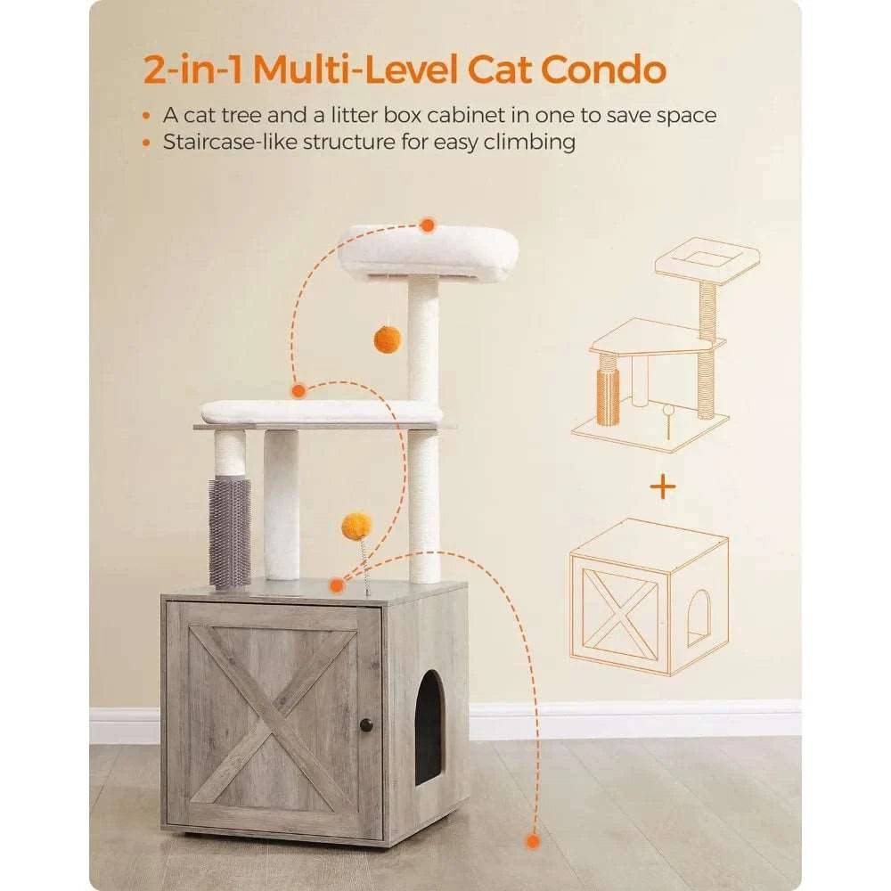 52.8" Beige Cat Tree with Litter Box Enclosure 2-in-1 Modern Cat Tower for Indoor Cats - TrendyPet's Zone