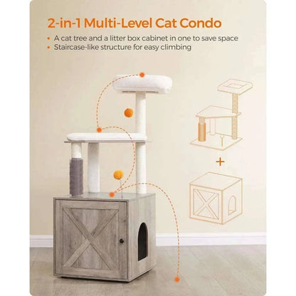 52.8" Beige Cat Tree with Litter Box Enclosure 2-in-1 Modern Cat Tower for Indoor Cats - TrendyPet's Zone