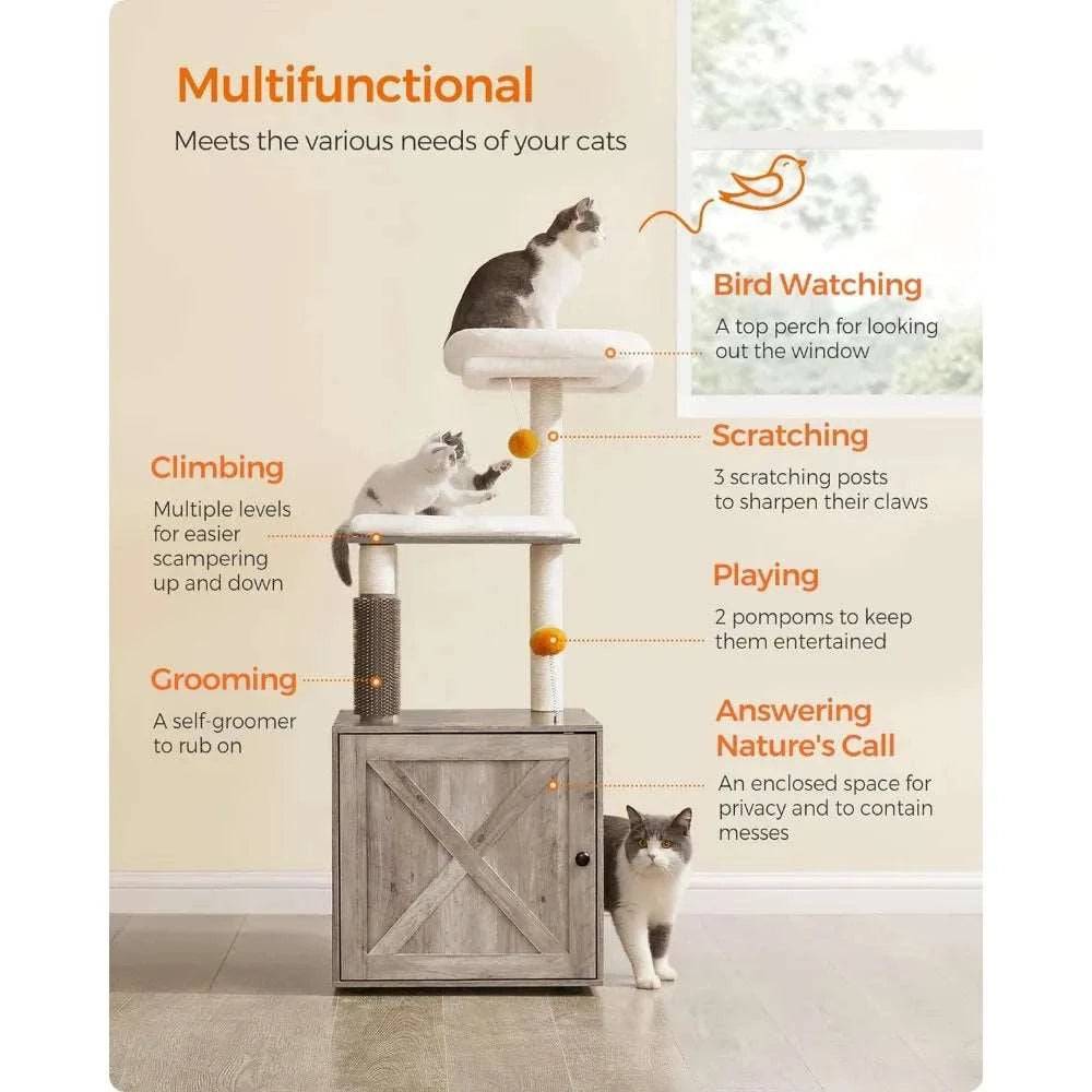 52.8" Beige Cat Tree with Litter Box Enclosure 2-in-1 Modern Cat Tower for Indoor Cats - TrendyPet's Zone