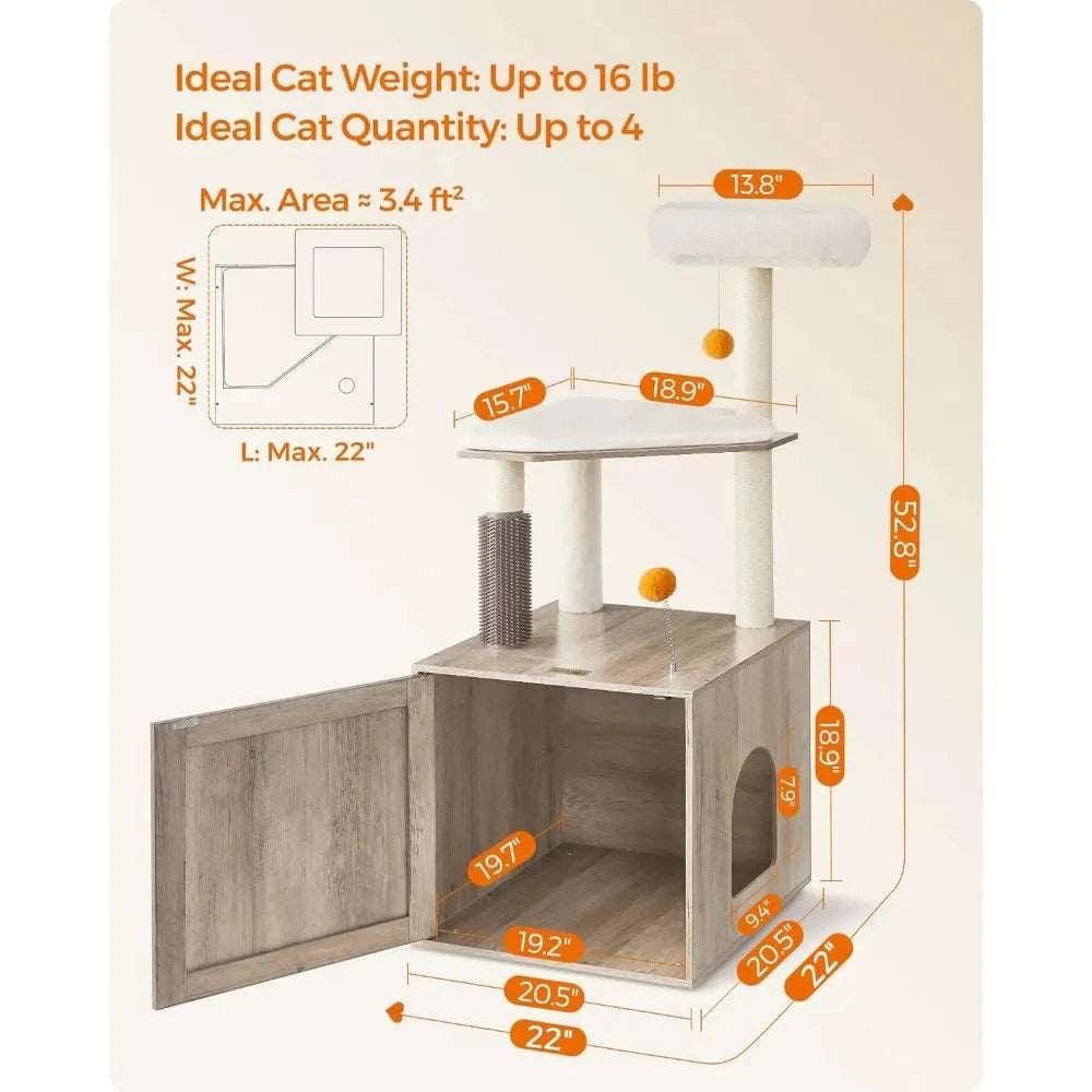 52.8" Beige Cat Tree with Litter Box Enclosure 2-in-1 Modern Cat Tower for Indoor Cats - TrendyPet's Zone