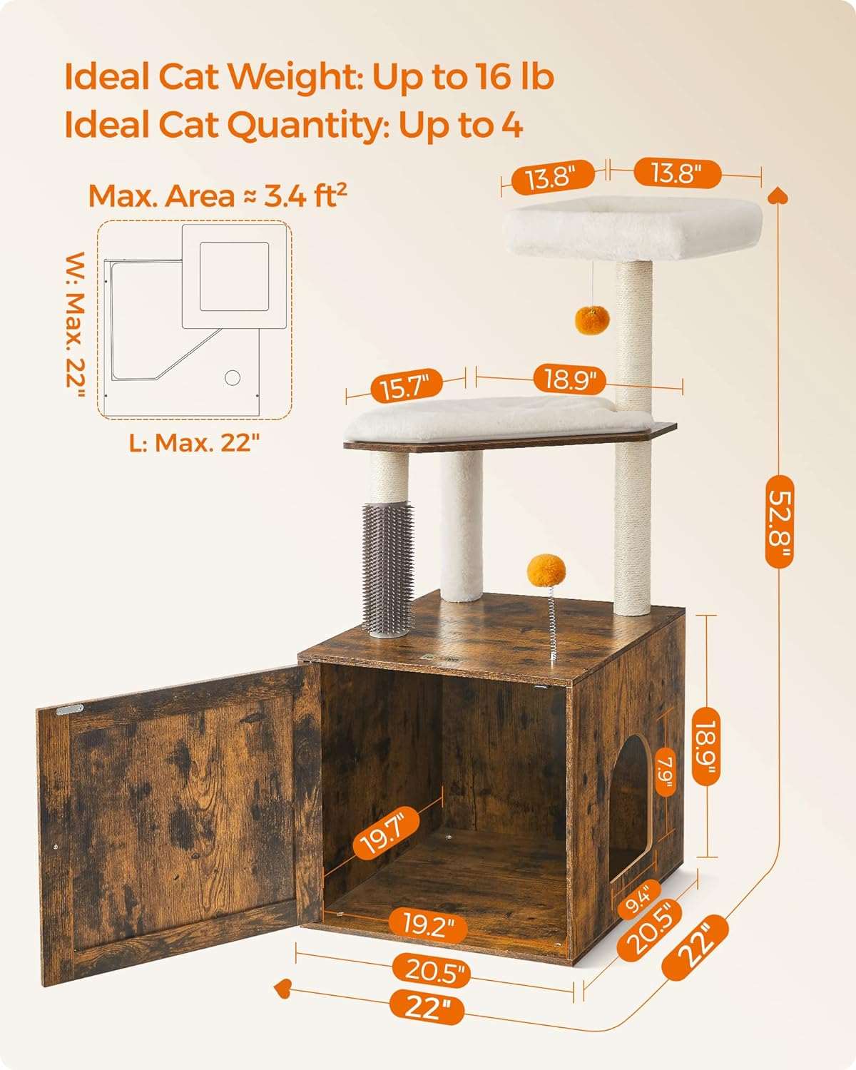 52.8" Rustic Brown Cat Tree with Litter Box Enclosure 2-in-1 Modern Cat Tower for Indoor Cats - TrendyPet's Zone