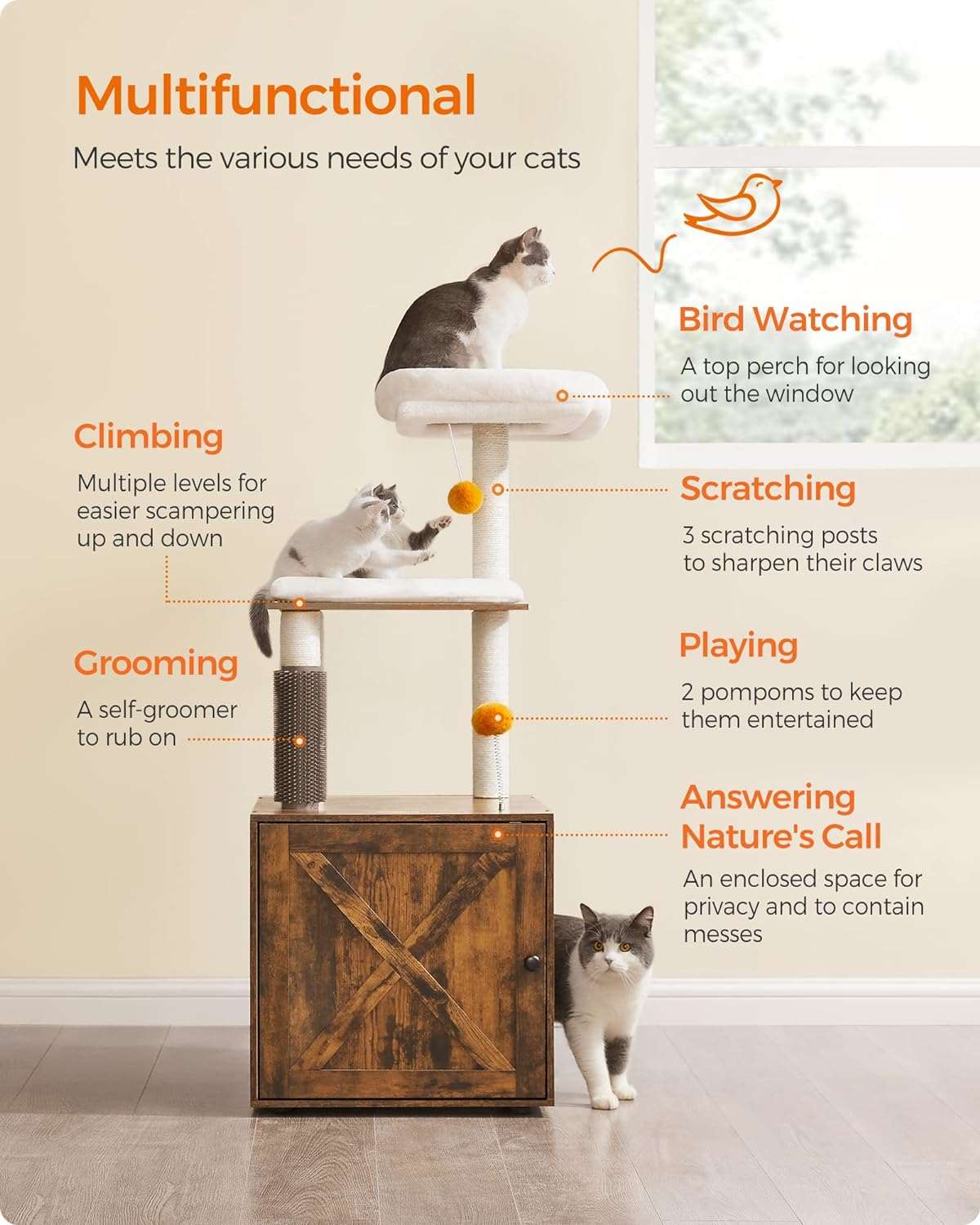 52.8" Rustic Brown Cat Tree with Litter Box Enclosure 2-in-1 Modern Cat Tower for Indoor Cats - TrendyPet's Zone