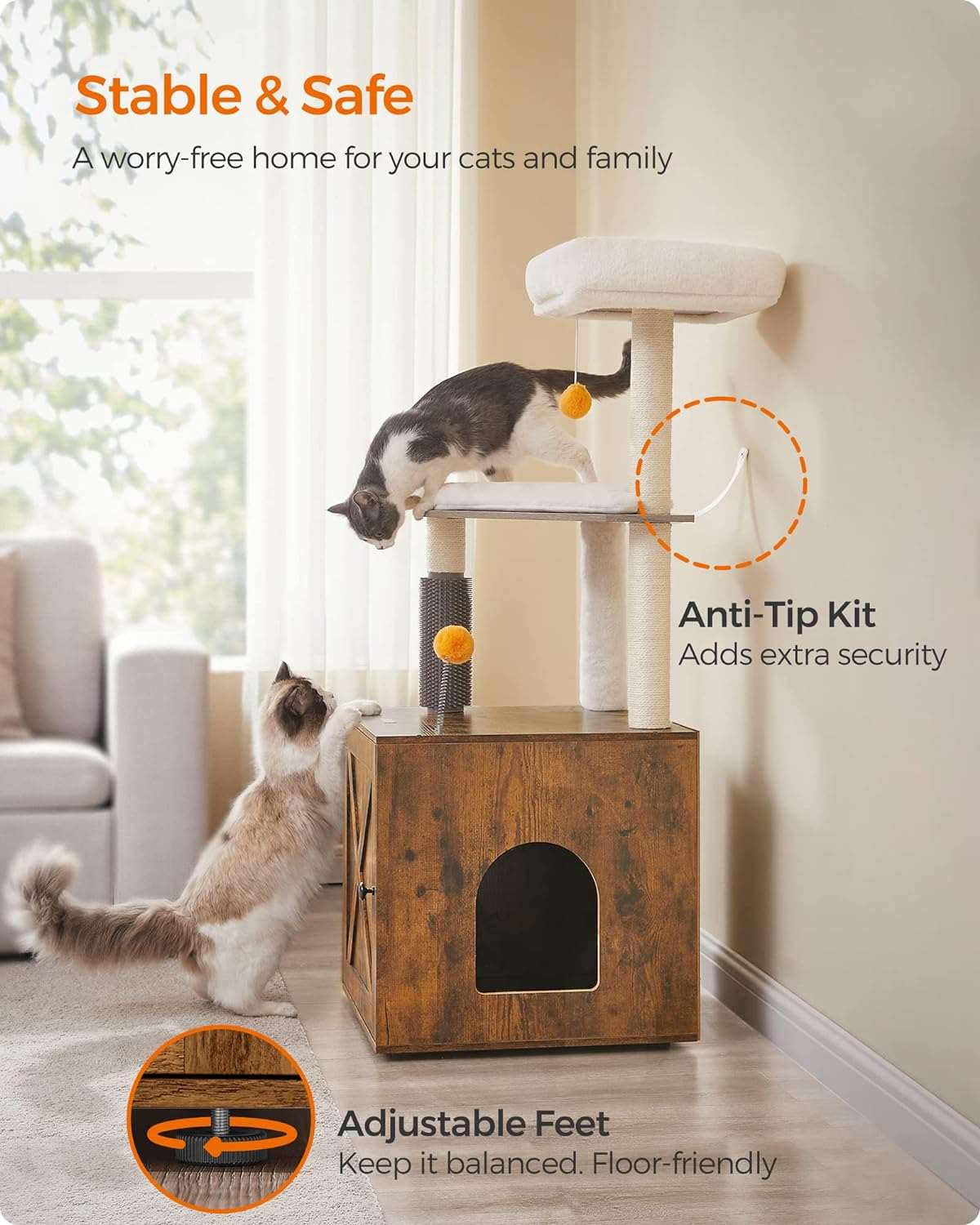 52.8" Rustic Brown Cat Tree with Litter Box Enclosure 2-in-1 Modern Cat Tower for Indoor Cats - TrendyPet's Zone