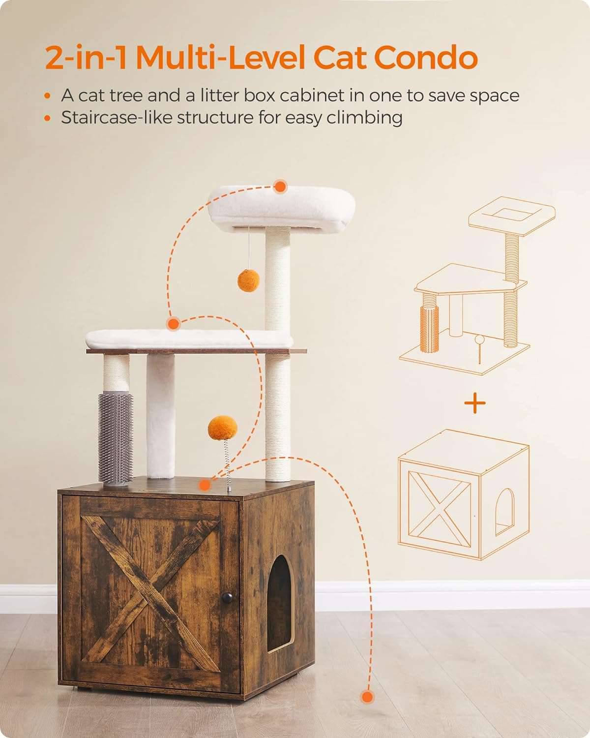 52.8" Rustic Brown Cat Tree with Litter Box Enclosure 2-in-1 Modern Cat Tower for Indoor Cats - TrendyPet's Zone