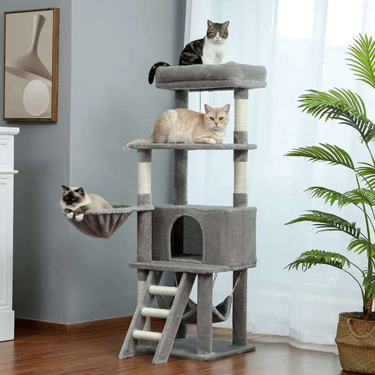 56" Grey Cat Tree, Multi-Level Cat Tower for Indoor with Large Cat Condo, Deep Hammock and Scratching Post TRENDYPET'S ZONE