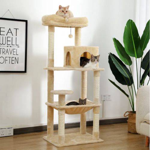 56.3" Beige Cat Tree Plush Cat Tower Multilevel Cat Play House with Sisal Scratching Posts, Spacious Hammock and Large Condos - TrendyPet's Zone