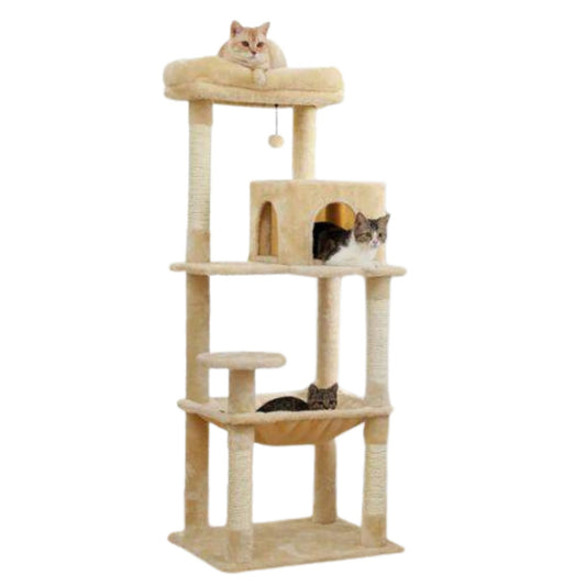 Beige TrendyPet's Zone cat tree with plush surfaces, sisal scratching posts, spacious hammock, and large condos for multi-level play.