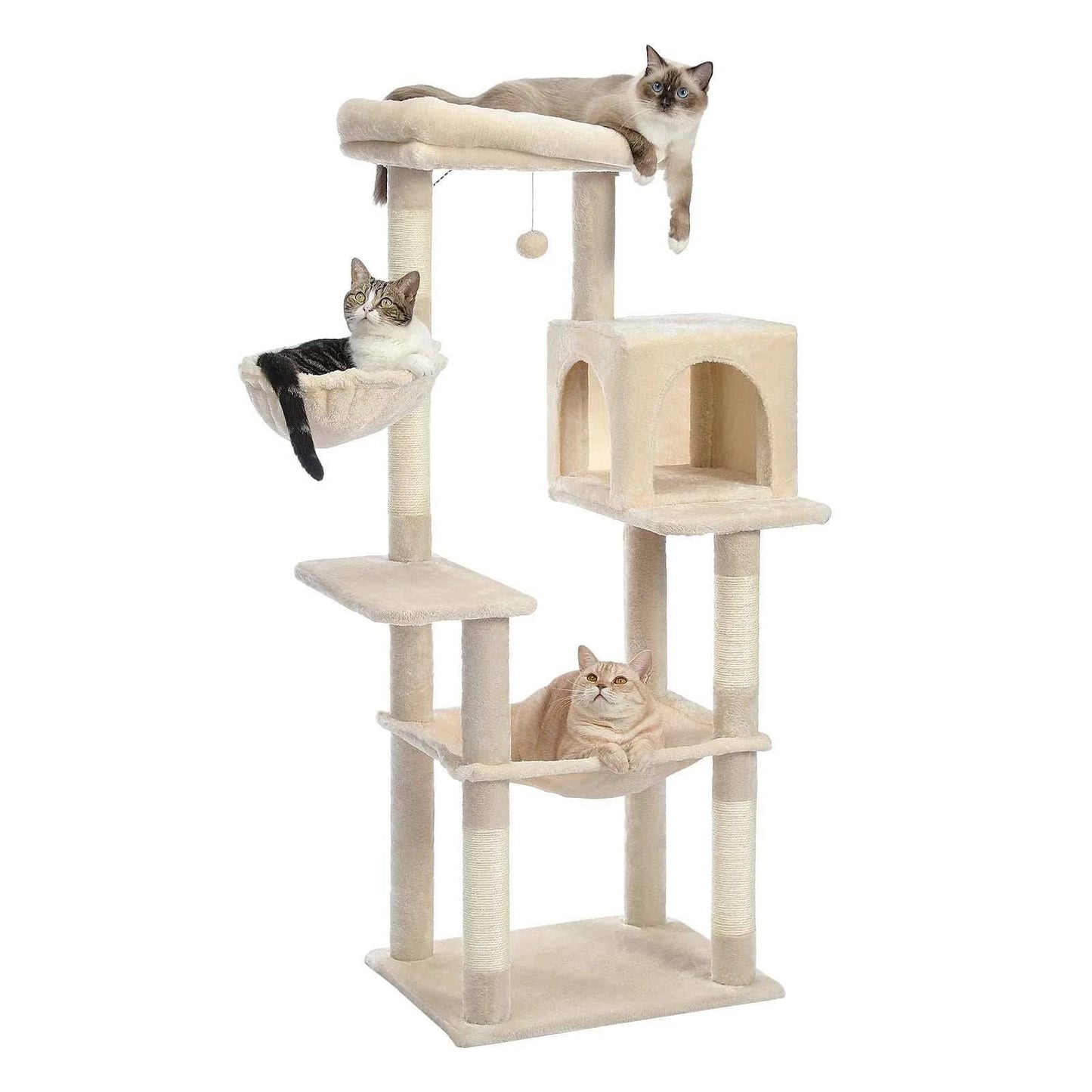 TrendyPet's Zone beige cat tree with plush tower, sisal scratching posts, spacious hammock, and large condos for multi-level feline play