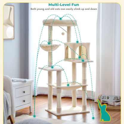 TrendyPet's Zone beige cat tree with plush tower, sisal scratching posts, spacious hammock, and large condos for feline play.