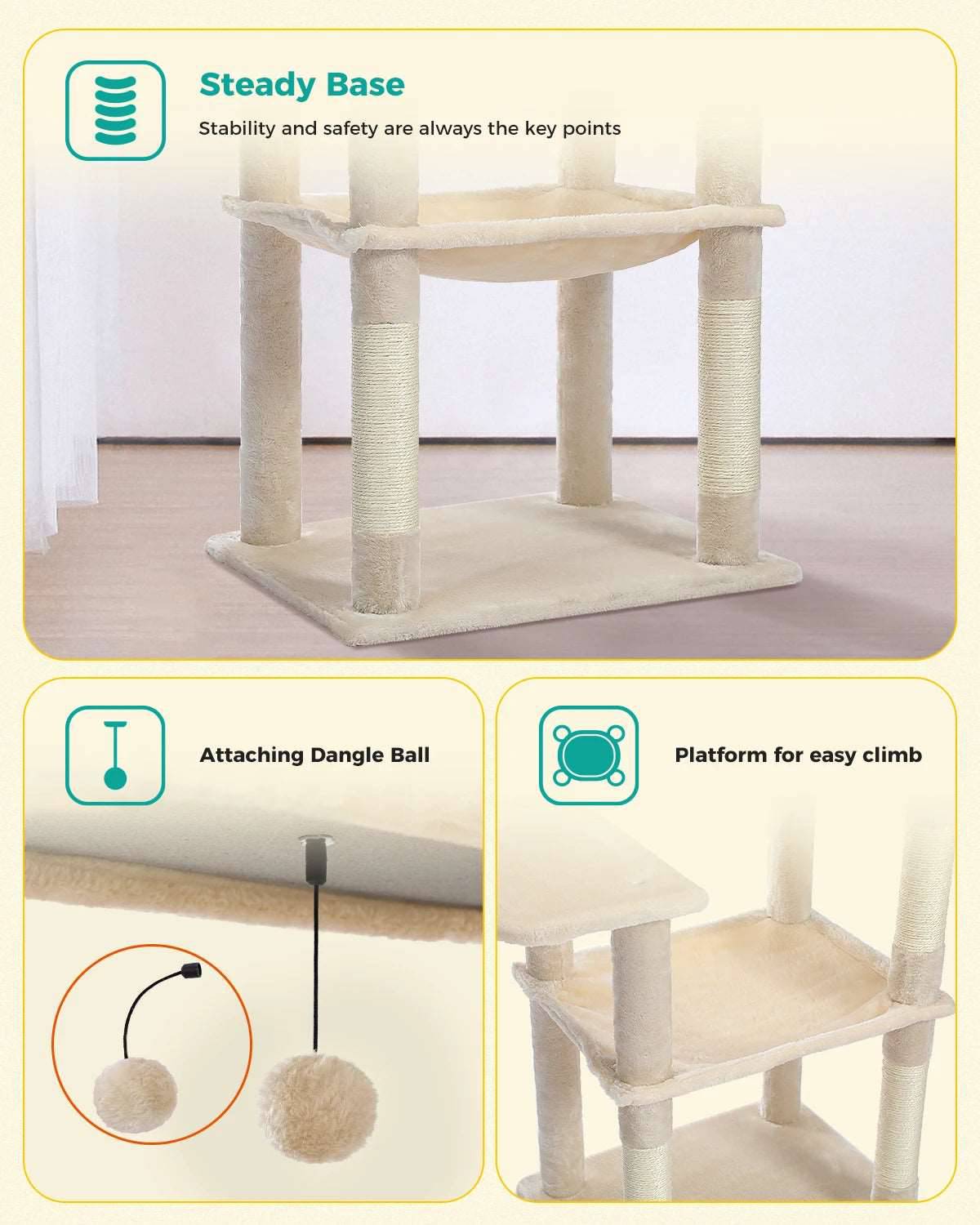 56.3" Beige Cat Tree Plush Tower Multilevel Play House with Sisal Scratching Posts, Spacious Hammock and Large Condos Upgrade - TrendyPet's Zone