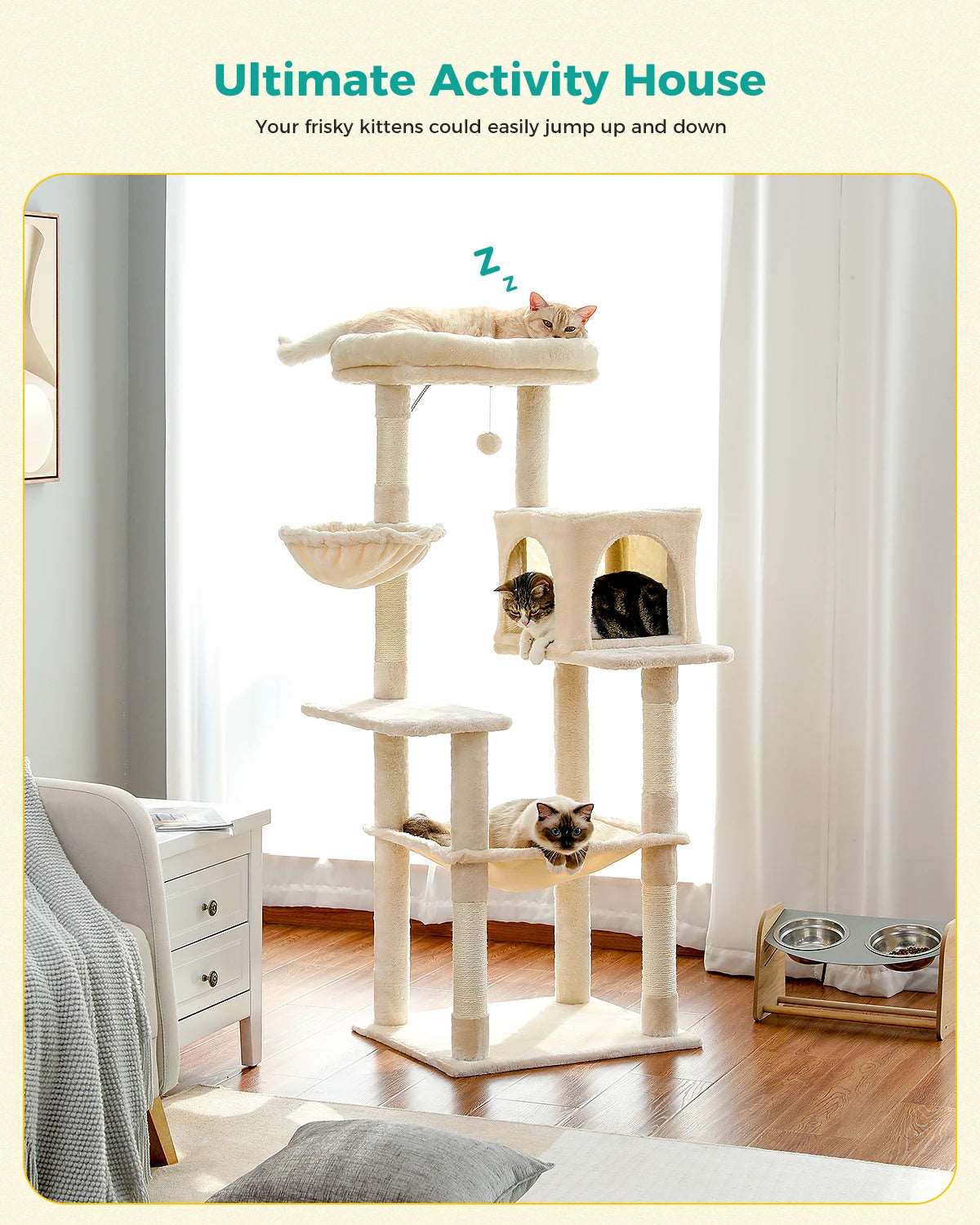 56.3" Beige Cat Tree Plush Tower Multilevel Play House with Sisal Scratching Posts, Spacious Hammock and Large Condos Upgrade - TrendyPet's Zone