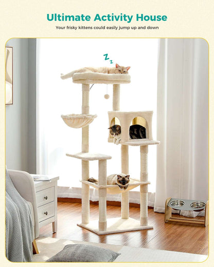 56.3" Beige Cat Tree Plush Tower Multilevel Play House with Sisal Scratching Posts, Spacious Hammock and Large Condos Upgrade - TrendyPet's Zone