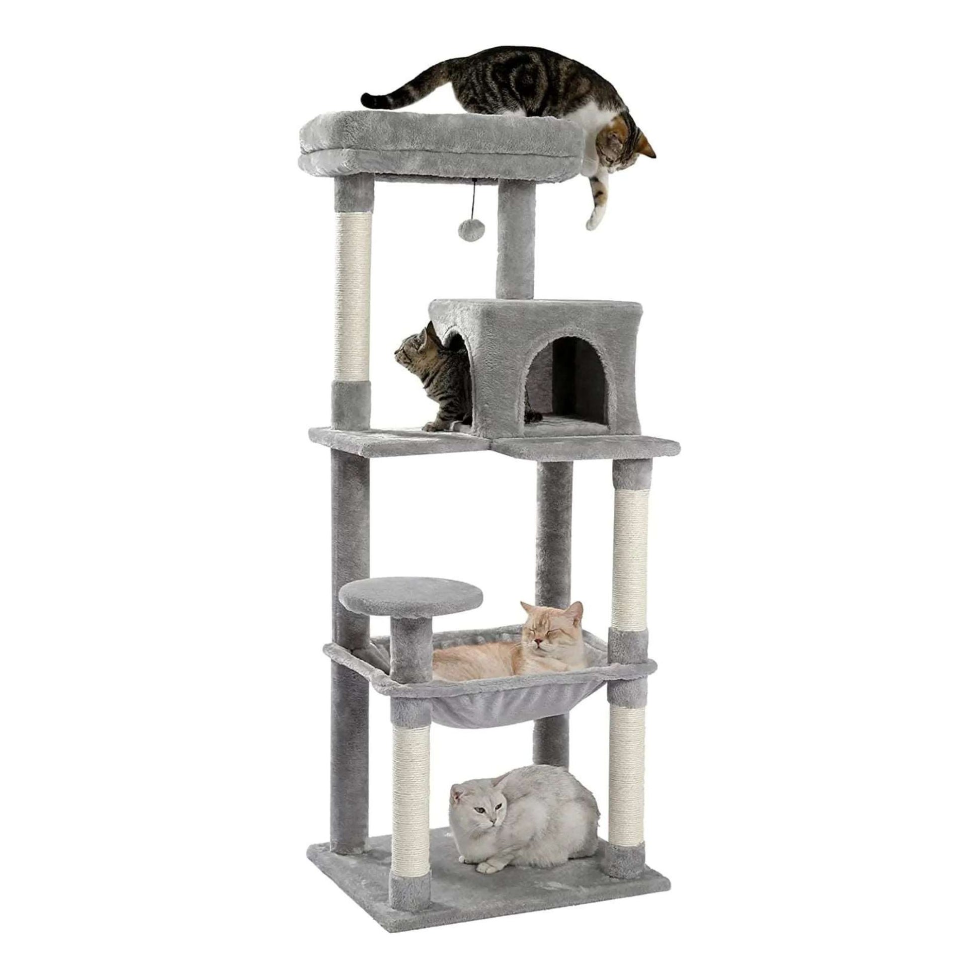 Gray cat tree by TrendyPet's Zone with plush platforms, sisal scratching posts, spacious hammock, and large cozy condos.