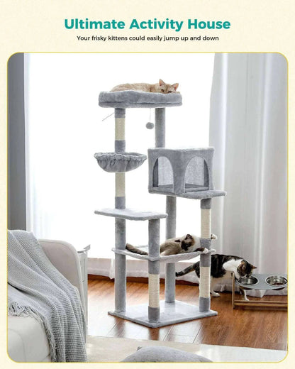56.3" Gray Cat Tree Plush Tower Multilevel Play House with Sisal Scratching Posts, Spacious Hammock and Large Condos Upgrade - TrendyPet's Zone