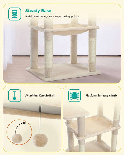 56.3" Gray Cat Tree Plush Tower Multilevel Play House with Sisal Scratching Posts, Spacious Hammock and Large Condos Upgrade - TrendyPet's Zone
