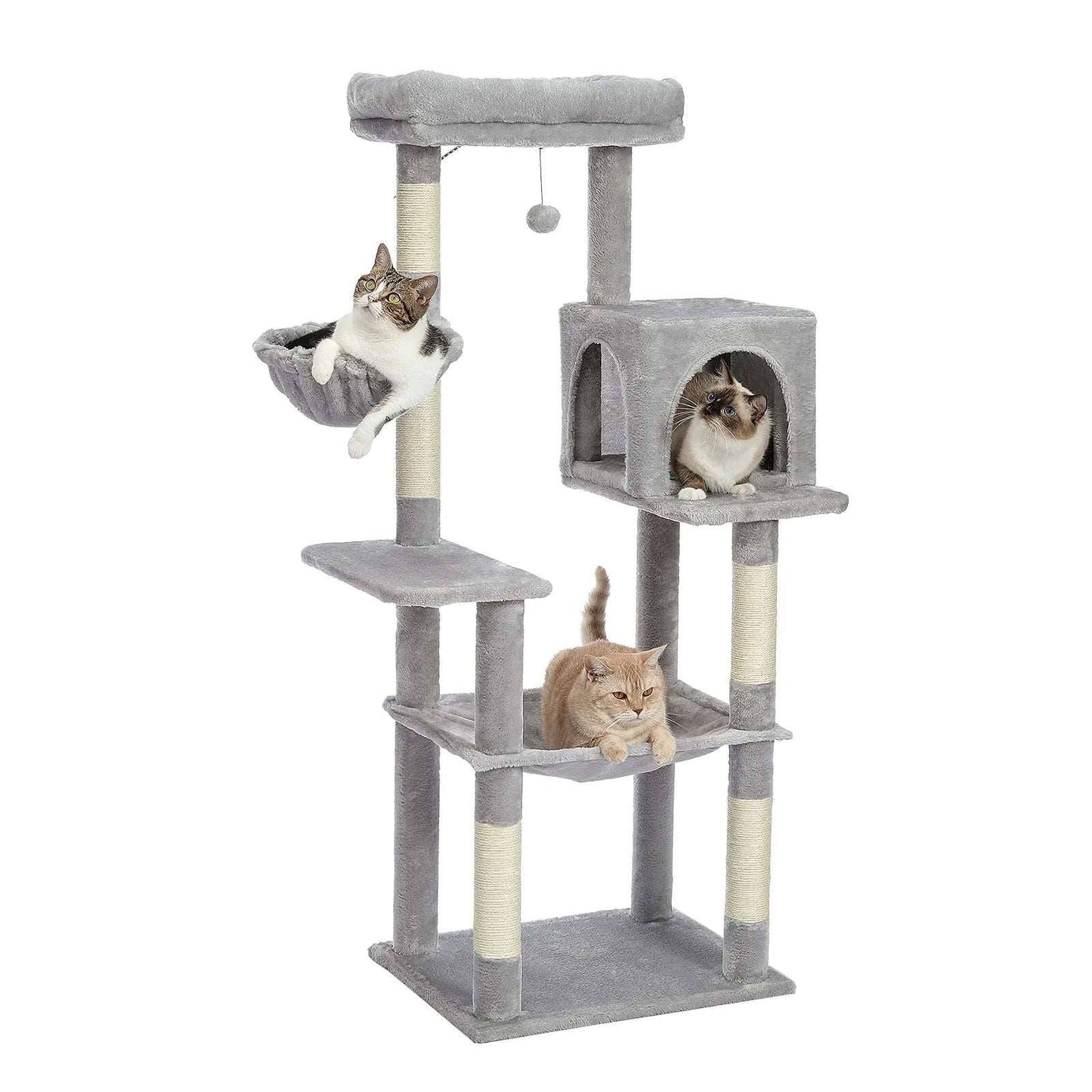 Light gray cat tree by TrendyPet's Zone with plush tower, sisal scratching posts, spacious hammock, and large condos for play and rest.
