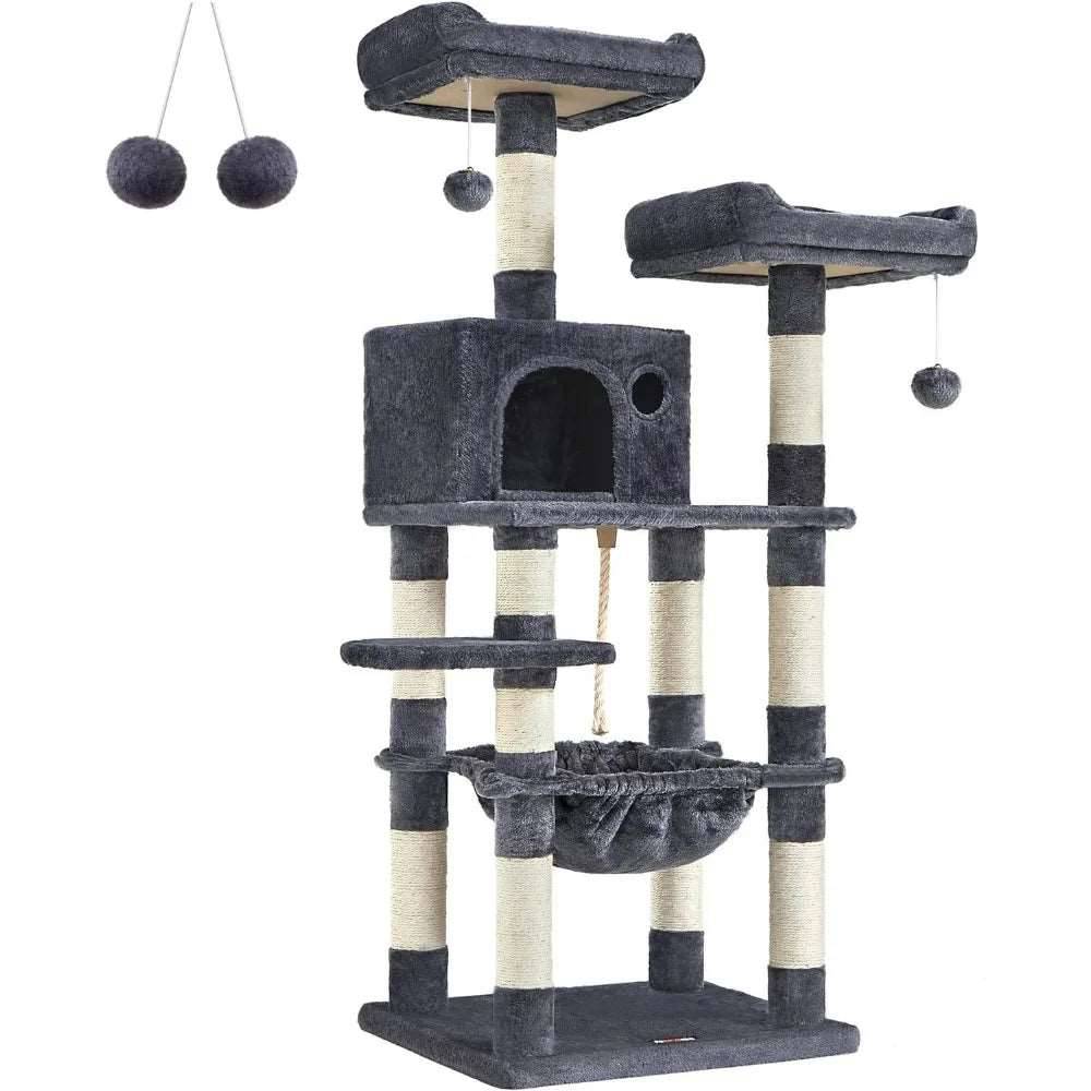TrendyPet's Zone 56.3-inch smoke ash cat tree with hammocks, plush base, and scratching columns for indoor cats.
