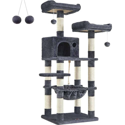 TrendyPet's Zone 56.3-inch smoke ash cat tree with hammocks, plush base, and scratching columns for indoor cats.