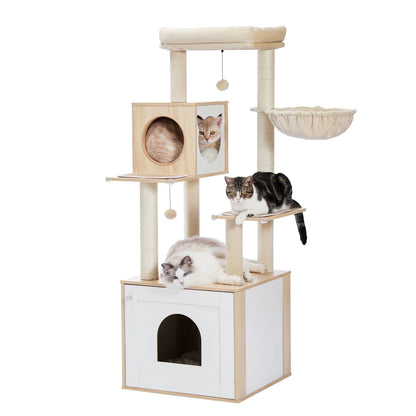 56.7" Beige Luxury Cat Tree Tower with Cabinet Wood Post Toy Large Spacious Perch Sleep Hammock TrendyPet's Zone