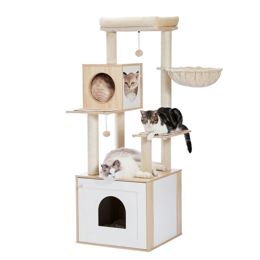 56.7" Beige Luxury Cat Tree Tower with Cabinet Wood Post Toy Large Spacious Perch Sleep Hammock TrendyPet's Zone
