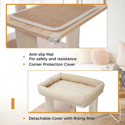 56.7" Beige Luxury Cat Tree Tower with Cabinet Wood Post Toy Large Spacious Perch Sleep Hammock TrendyPet's Zone