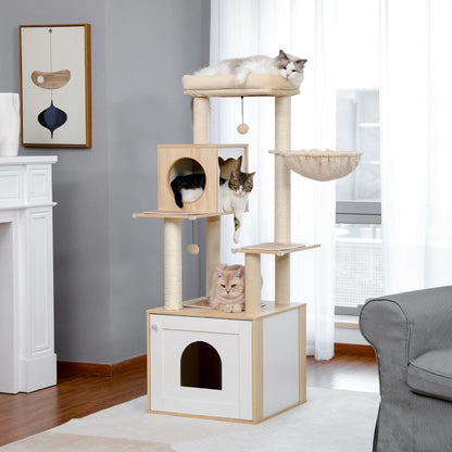 56.7" Beige Luxury Cat Tree Tower with Cabinet Wood Post Toy Large Spacious Perch Sleep Hammock TrendyPet's Zone