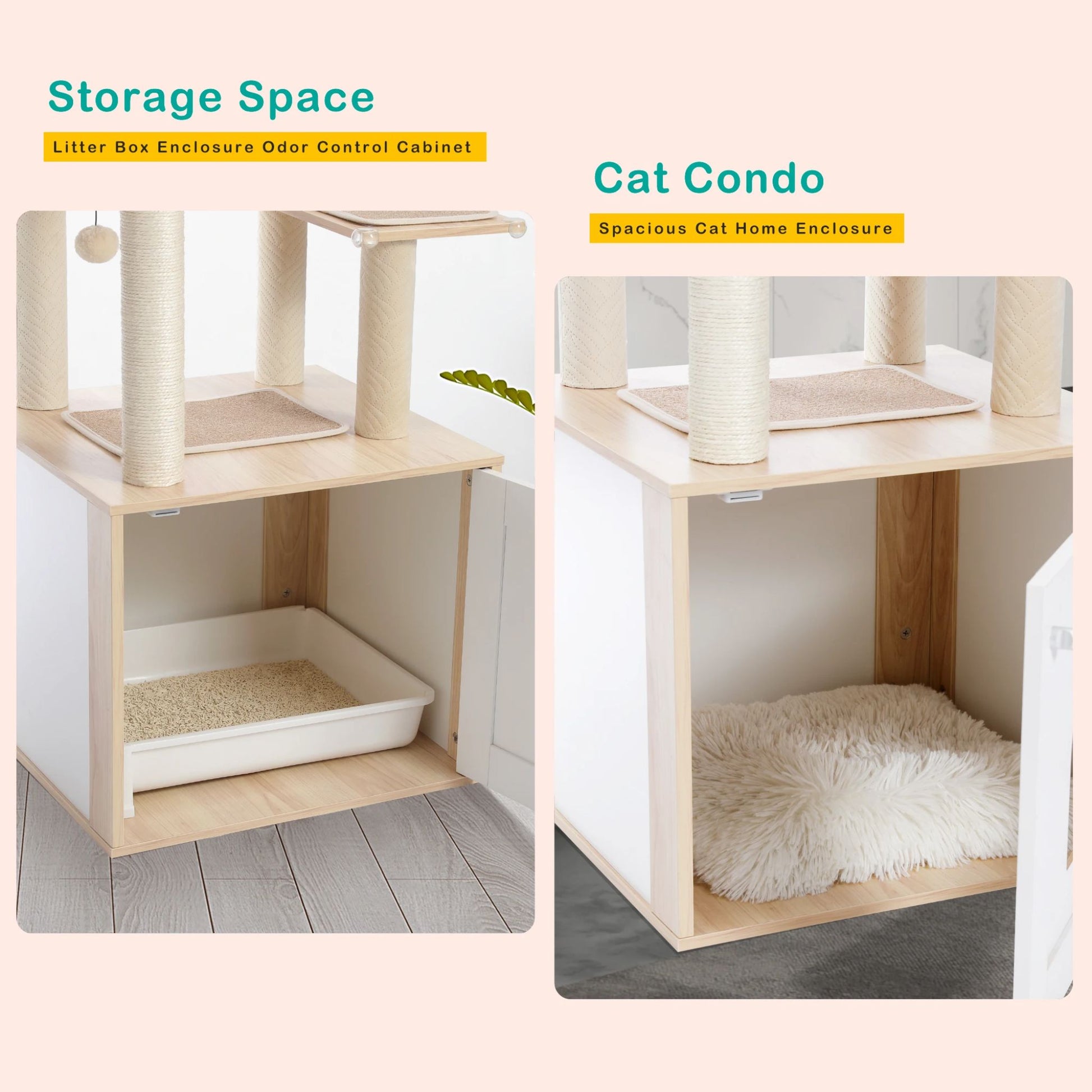56.7" Beige Luxury Cat Tree Tower with Cabinet Wood Post Toy Large Spacious Perch Sleep Hammock TrendyPet's Zone