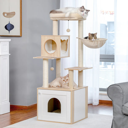 56.7" Beige Luxury Cat Tree Tower with Cabinet Wood Post Toy Large Spacious Perch Sleep Hammock TrendyPet's Zone