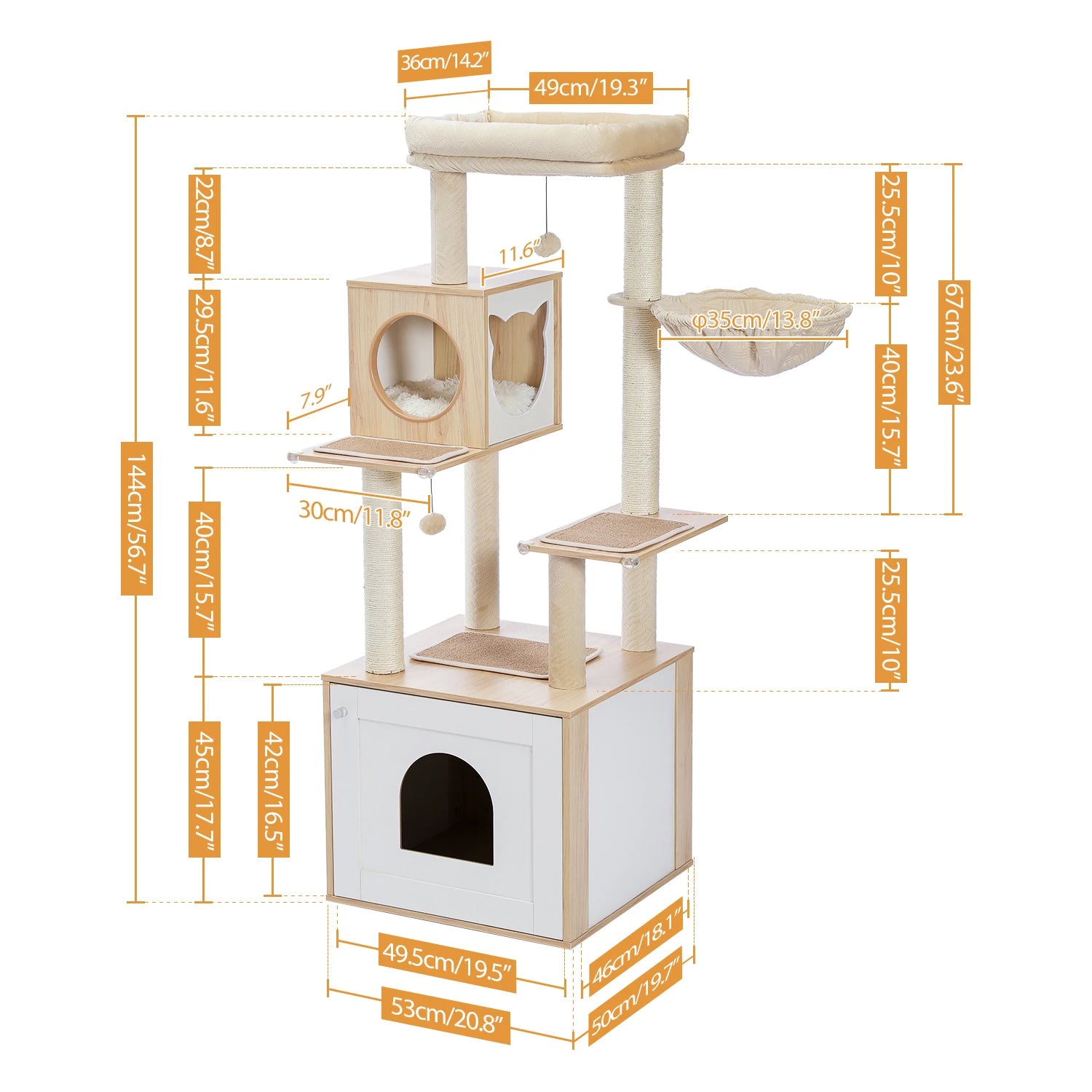 56.7" Beige Luxury Cat Tree Tower with Cabinet Wood Post Toy Large Spacious Perch Sleep Hammock TrendyPet's Zone