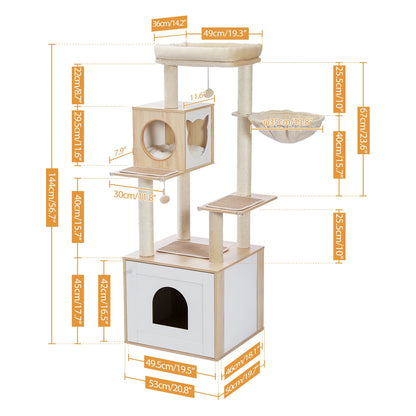 56.7" Beige Luxury Cat Tree Tower with Cabinet Wood Post Toy Large Spacious Perch Sleep Hammock TrendyPet's Zone