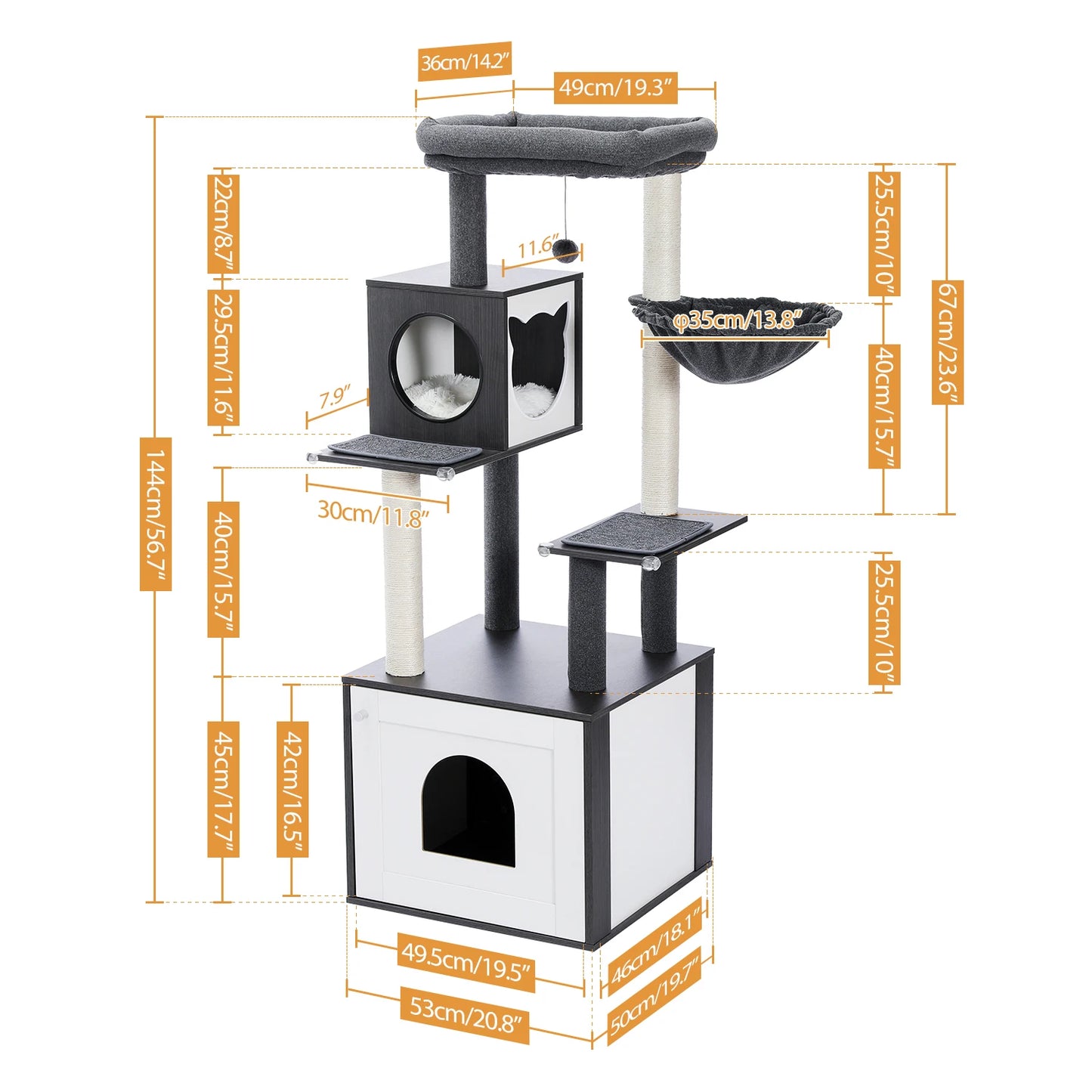 Black luxury cat tree tower with spacious perch, cabinet, wooden posts, toy, and hammock for lounging and scratching.