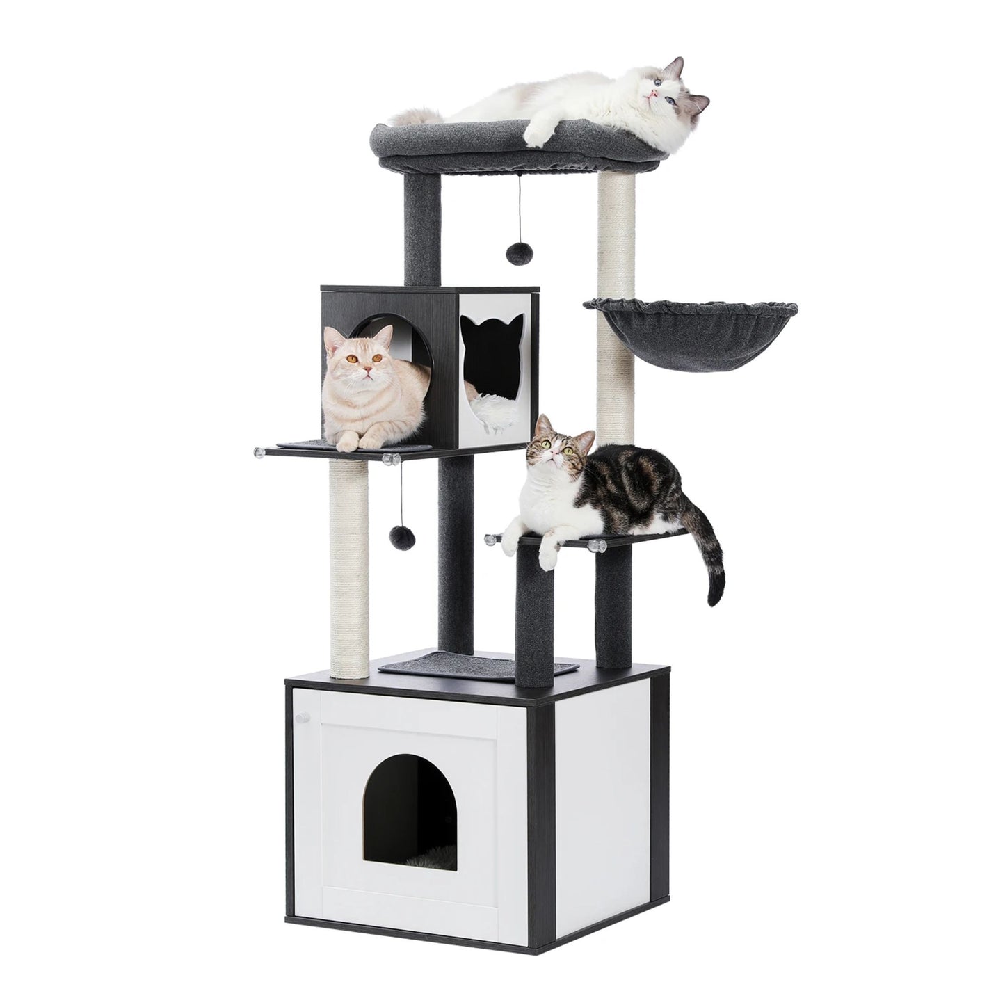 TrendyPet's Zone black luxury cat tree tower with cabinet, wood post, large perch, toy, and cozy hammock for cats.