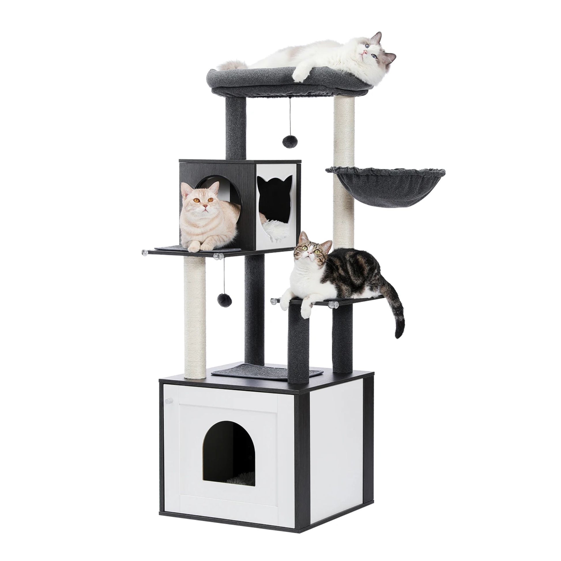 TrendyPet's Zone black luxury cat tree tower with cabinet, wood post, large perch, toy, and cozy hammock for cats.
