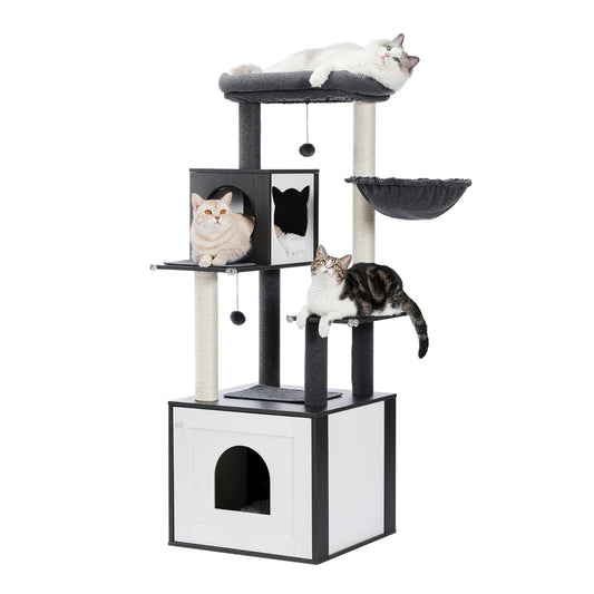 56.7" Black Luxury Cat Tree Tower with Cabinet Wood Post Toy Large Spacious Perch Sleep Hammock TrendyPet's Zone