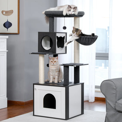Black luxury cat tree tower with wooden posts, spacious perch, cabinet, toy, sleep hammock, ideal for scratching and lounging.