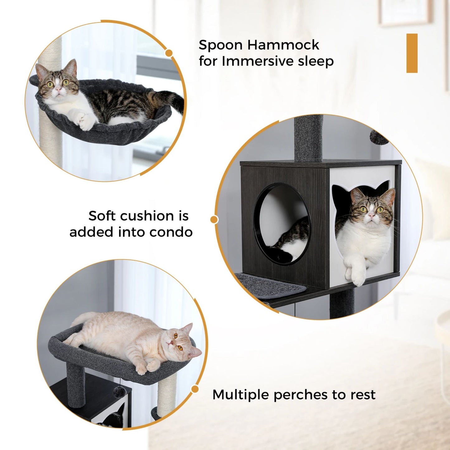 Black luxury cat tree tower with cabinet, wood post, large perch, toy, and hammock for scratching, play, and rest by TrendyPet's Zone.