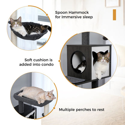 Black luxury cat tree tower with cabinet, wood post, large perch, toy, and hammock for scratching, play, and rest by TrendyPet's Zone.