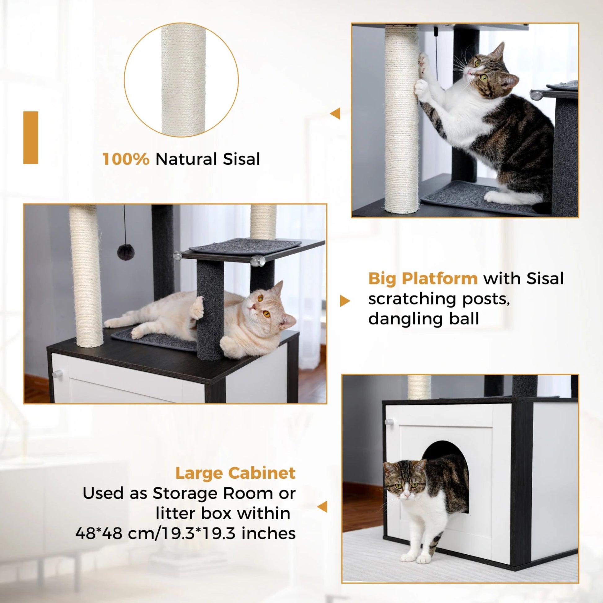 TrendyPet's Zone black luxury cat tree tower with cabinet, wood post, large perch, hammock, and spacious sleep area for cats.