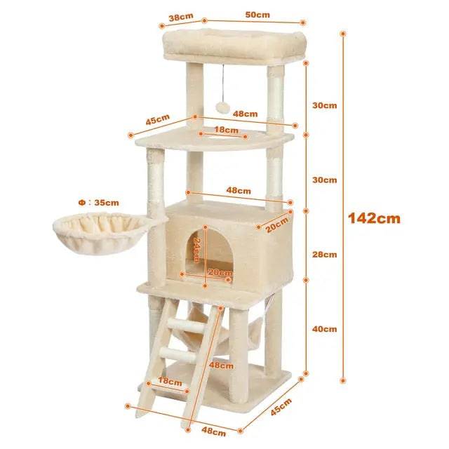 56" Beige Cat Tree, Multi-Level Cat Tower for Indoor with Large Cat Condo, Deep Hammock and Scratching Post - TrendyPet's Zone