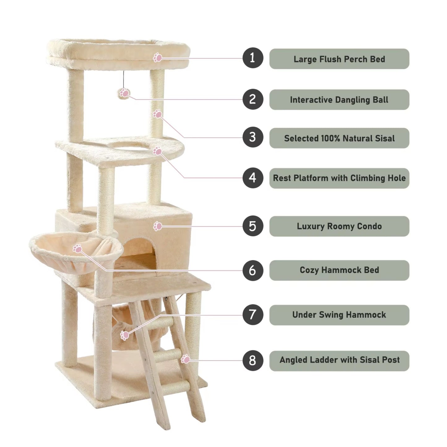 56" Beige Cat Tree, Multi-Level Cat Tower for Indoor with Large Cat Condo, Deep Hammock and Scratching Post - TrendyPet's Zone