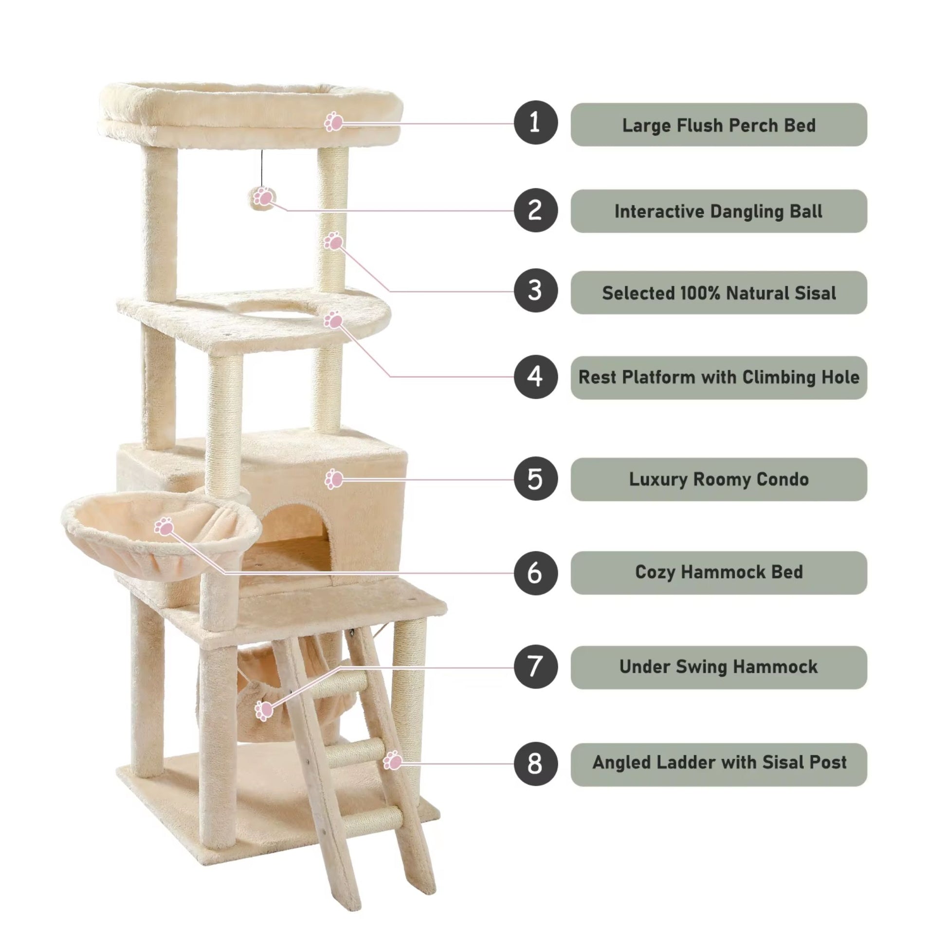 56" Beige Cat Tree, Multi-Level Cat Tower for Indoor with Large Cat Condo, Deep Hammock and Scratching Post - TrendyPet's Zone