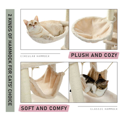 56" Beige Cat Tree, Multi-Level Cat Tower for Indoor with Large Cat Condo, Deep Hammock and Scratching Post - TrendyPet's Zone