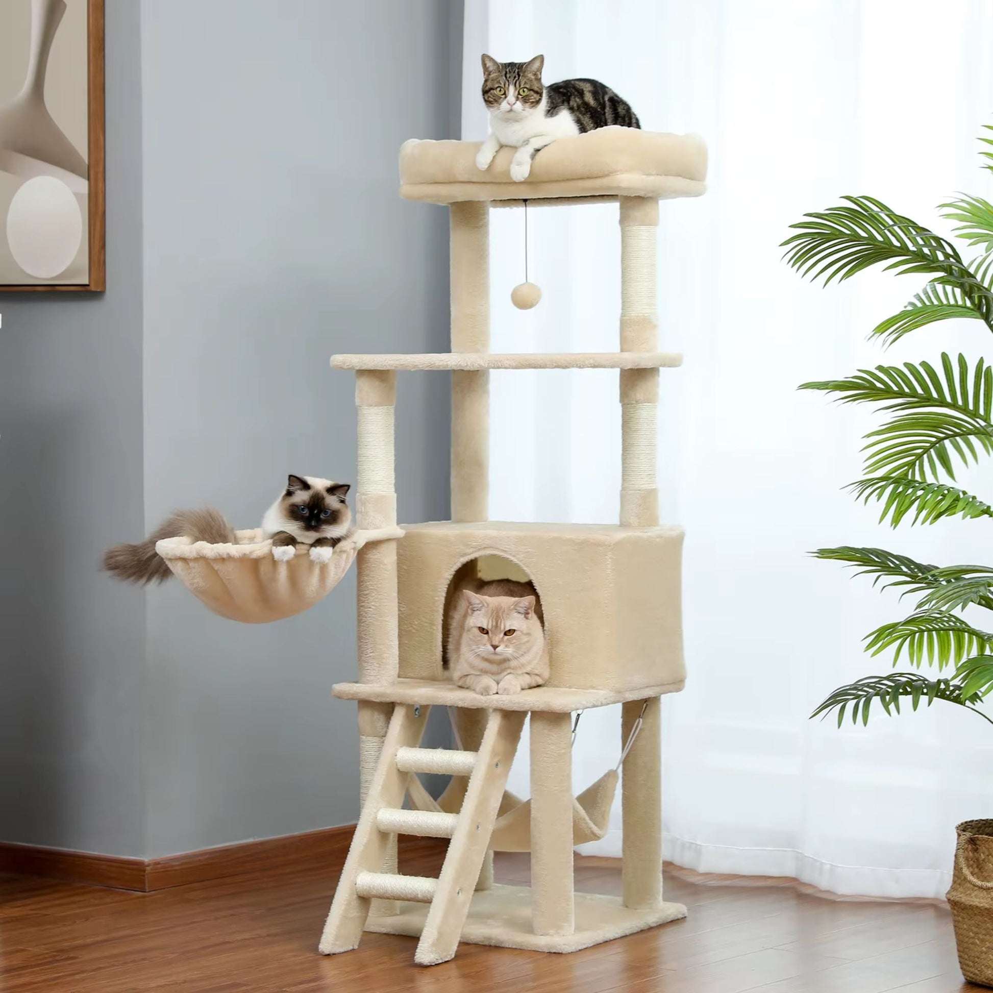 56" Beige Cat Tree, Multi-Level Cat Tower for Indoor with Large Cat Condo, Deep Hammock and Scratching Post - TrendyPet's Zone