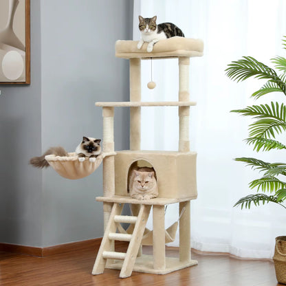 56" Beige Cat Tree, Multi-Level Cat Tower for Indoor with Large Cat Condo, Deep Hammock and Scratching Post - TrendyPet's Zone