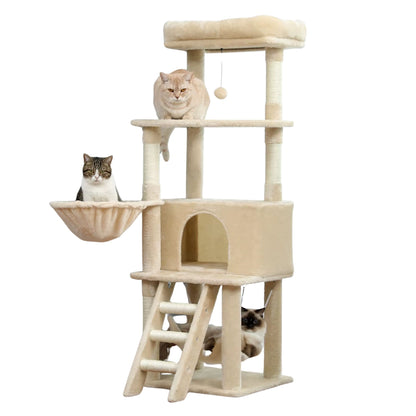 56" Beige Cat Tree, Multi-Level Cat Tower for Indoor with Large Cat Condo, Deep Hammock and Scratching Post - TrendyPet's Zone