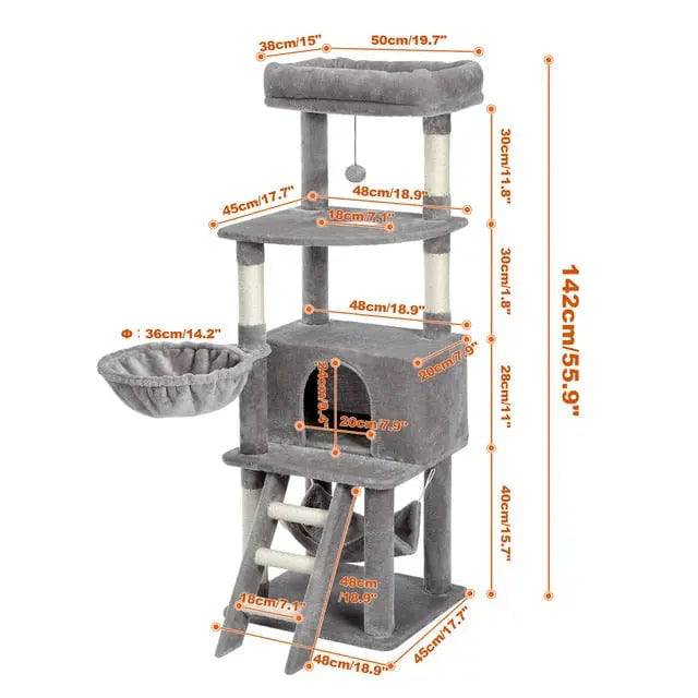 56" Grey Cat Tree, Multi-Level Cat Tower for Indoor with Large Cat Condo, Deep Hammock and Scratching Post - TrendyPet's Zone
