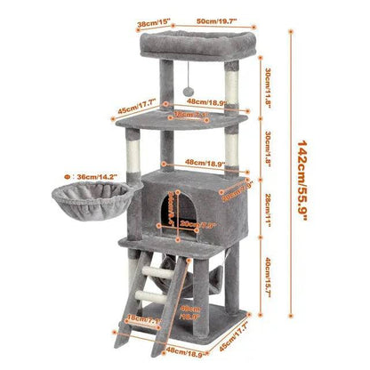 56" Grey Cat Tree, Multi-Level Cat Tower for Indoor with Large Cat Condo, Deep Hammock and Scratching Post - TrendyPet's Zone
