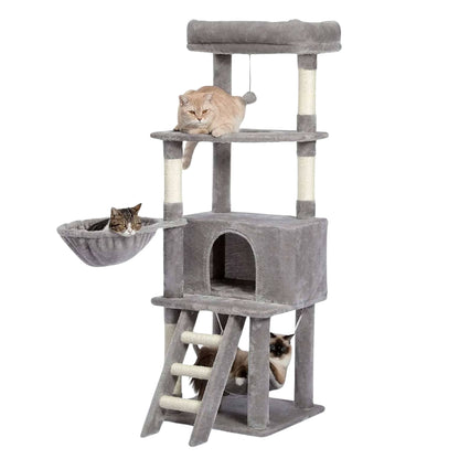 56" Grey Cat Tree, Multi-Level Cat Tower for Indoor with Large Cat Condo, Deep Hammock and Scratching Post - TrendyPet's Zone
