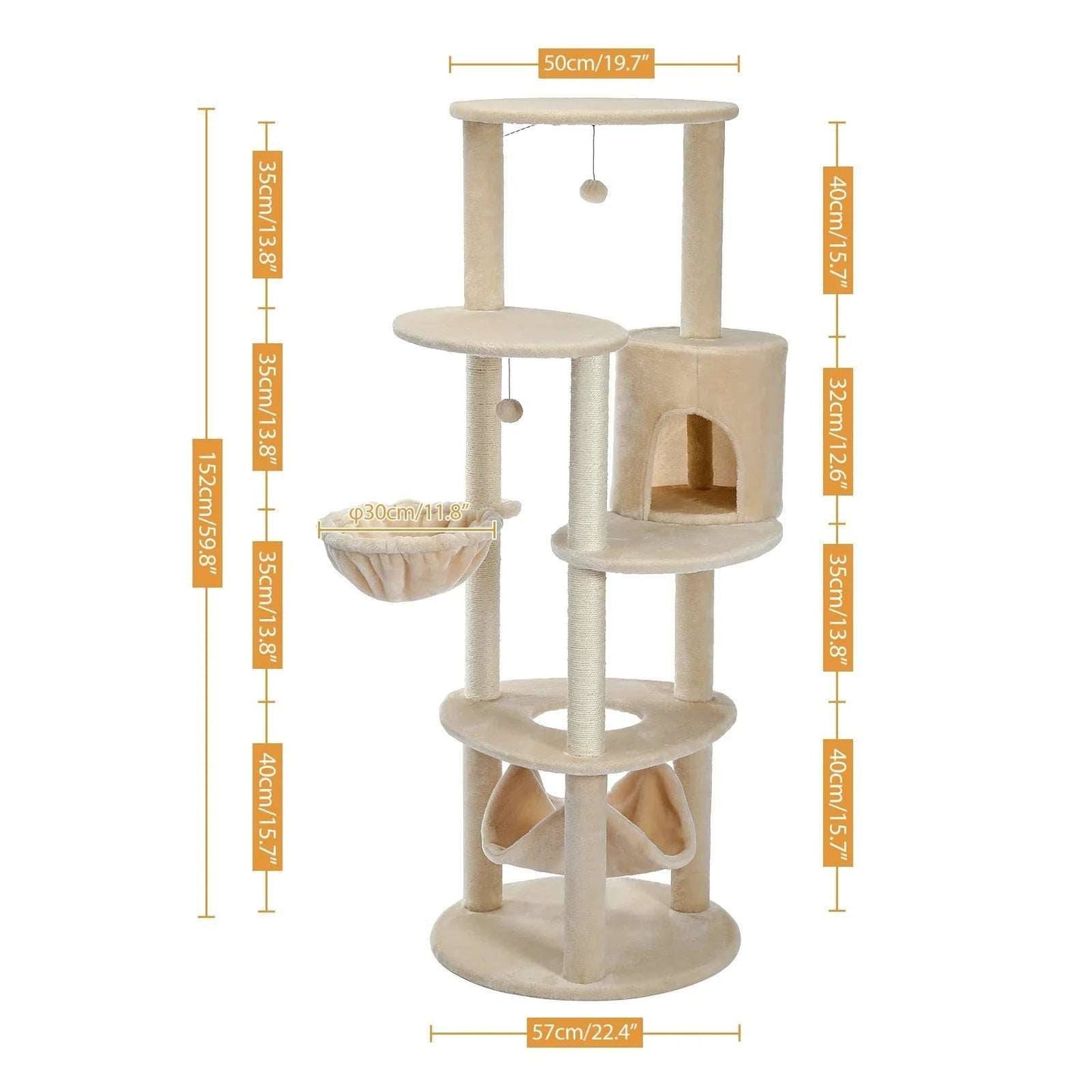 59.8" Beige Cat Scratcher Tower Home Furniture Cat Tree Pets Hammock Sisal Cat Scratching Post Climbing Frame Toy Spacious Perch - TrendyPet's Zone