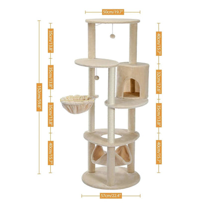 59.8" Beige Cat Scratcher Tower Home Furniture Cat Tree Pets Hammock Sisal Cat Scratching Post Climbing Frame Toy Spacious Perch - TrendyPet's Zone